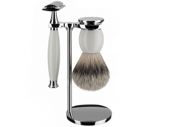 Mhle Rasierset Sophist Porzellan 3-teilig mit Rasierhobel und Silberspitz Rasierpinsel