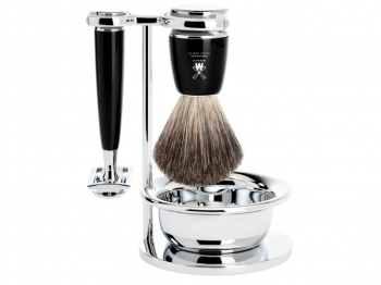 Mhle RYTMO Rasierset 4-teilig mit Rasierhobel und Dachshaar Pinsel Edelharz schwarz