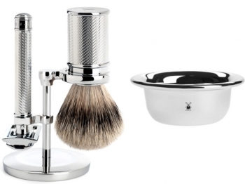 Mhle Rasierset TRADITIONAL mit Rasierhobel und Silberspitz Rasierpinsel Halter und Seifenschale