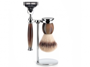 Mhle Rasierset Sophist Nassrasierer  Gillette Mach3 kompatibel Rasierpinsel Silvertip Fibre Horn dunkel
