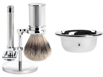 Mhle Rasierset TRADITIONAL mit Rasierhobel und Silberspitz Rasierpinsel Halter und Seifenschale