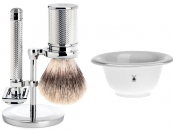 Mhle Rasierset TRADITIONAL mit Rasierhobel und Silvertip Fibre Rasierpinsel Halter und Seifenschale