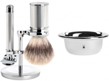 Mhle Rasierset TRADITIONAL mit Rasierhobel und Silvertip Fibre Rasierpinsel Halter und Seifenschale
