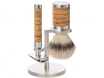 MHLE Rasierset ROCCA mit Rasierhobel und Kunsthaar Silvertip Fibre Rasierpinsel Edelstahl/Birkenrinde