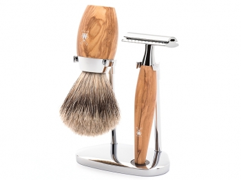 Mhle Rasierset KOSMO Dachshaar 3-teilig Rasierhobel und Rasierpinsel Olivenholz
