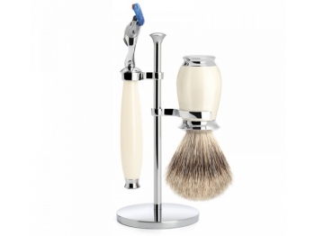 MHLE Rasierset Purist Nassrasierer Gillette Mach3 kompatibel Rasierpinsel elfenbeinfarben