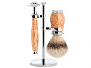 MHLE Rasierset Purist mit Rasierhobel und Silberspitz Dachshaar Rasierpinsel Maserbirke