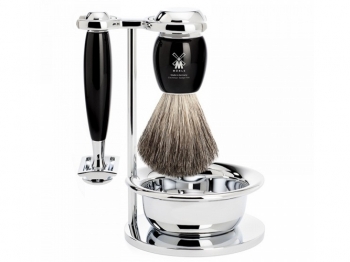 Mhle VIVO Rasierset 4-teilig schwarz Edelharz mit Rasierhobel und Dachshaar Rasierpinsel