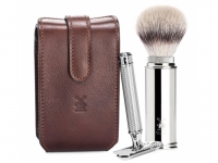 Mhle Reise - Rasierset 3-teilig Rasierhobel und Rasierpinsel Etui Leder braun