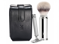 Mhle Reise - Rasierset 3-teilig Rasierhobel und Rasierpinsel Etui Leder schwarz