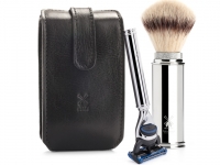 Mhle Reise - Rasierset 3-teilig Nassrasierer FUSION kompatibel und Rasierpinsel Etui Leder schwarz