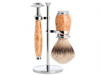 MHLE Rasierset Purist mit Rasierhobel und Silberspitz Dachshaar Rasierpinsel Maserbirke